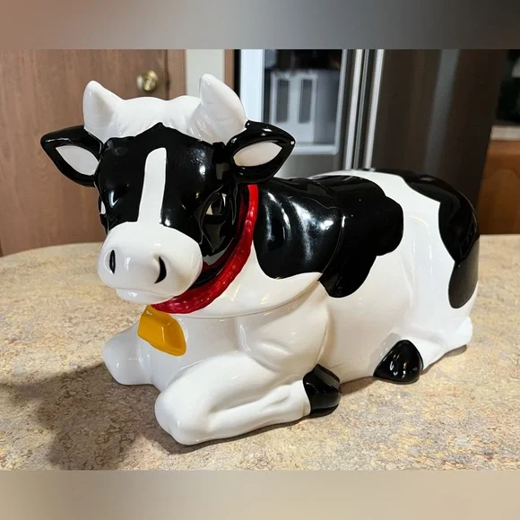 Vintage AMC NY Ceramic Black & White Cow 11 x 6” Cookie Jar Country Farmhouse - Picture 2 of 8